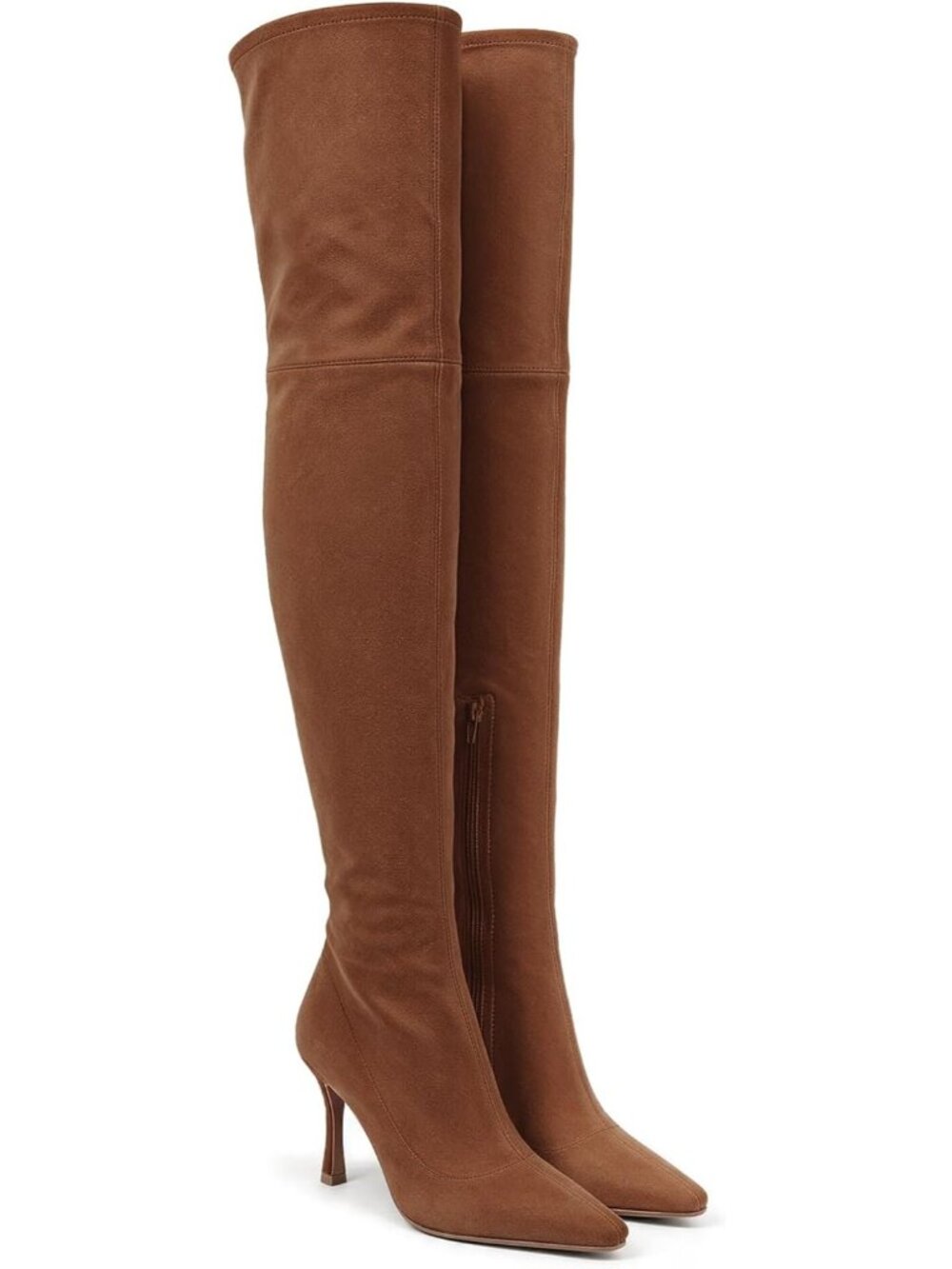 Women's Suede Brown Over the Knee High Boots Kitten Heel Zip Thigh High Boots